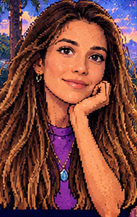 Pixel-art portrait of Francesca smiling, chin resting on her hand.